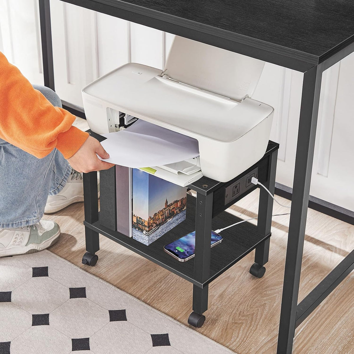 HOOBRO 2-Tier Printer Stand with Charging Station, Under Desk Printer Table, ...