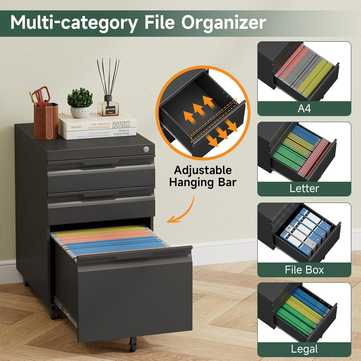 Mobile File Cabinet with Lock,3 Drawer Under Desk Metal Rolling Filing Cabine...