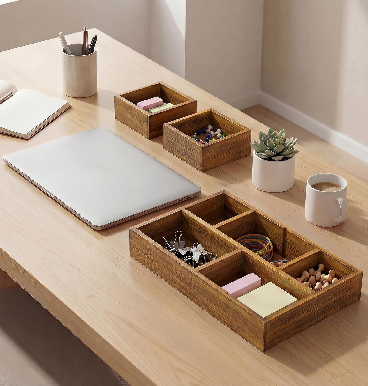 KOCWELL Bamboo Desk Drawer Organizer with Removable Dividers,Multi-Use Office...