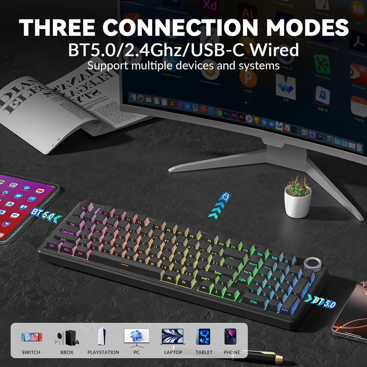 AULA F99 Pro Wireless Mechanical Keyboard-Silent Version,BT5.0/2.4GHz/USB-C H...