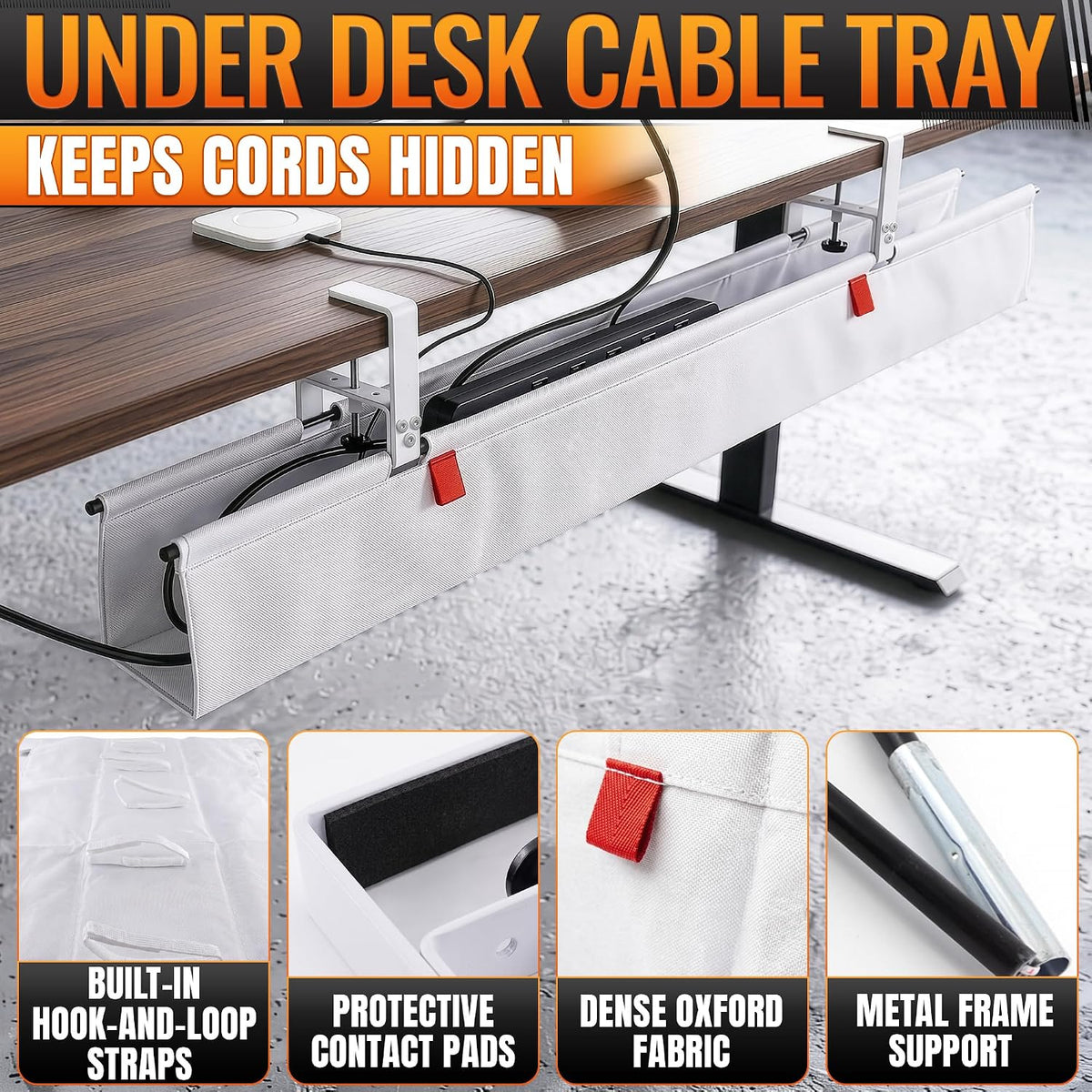 Under Desk Cable Management Tray 48" — No Drill Clamp-On Cord Organizer ...