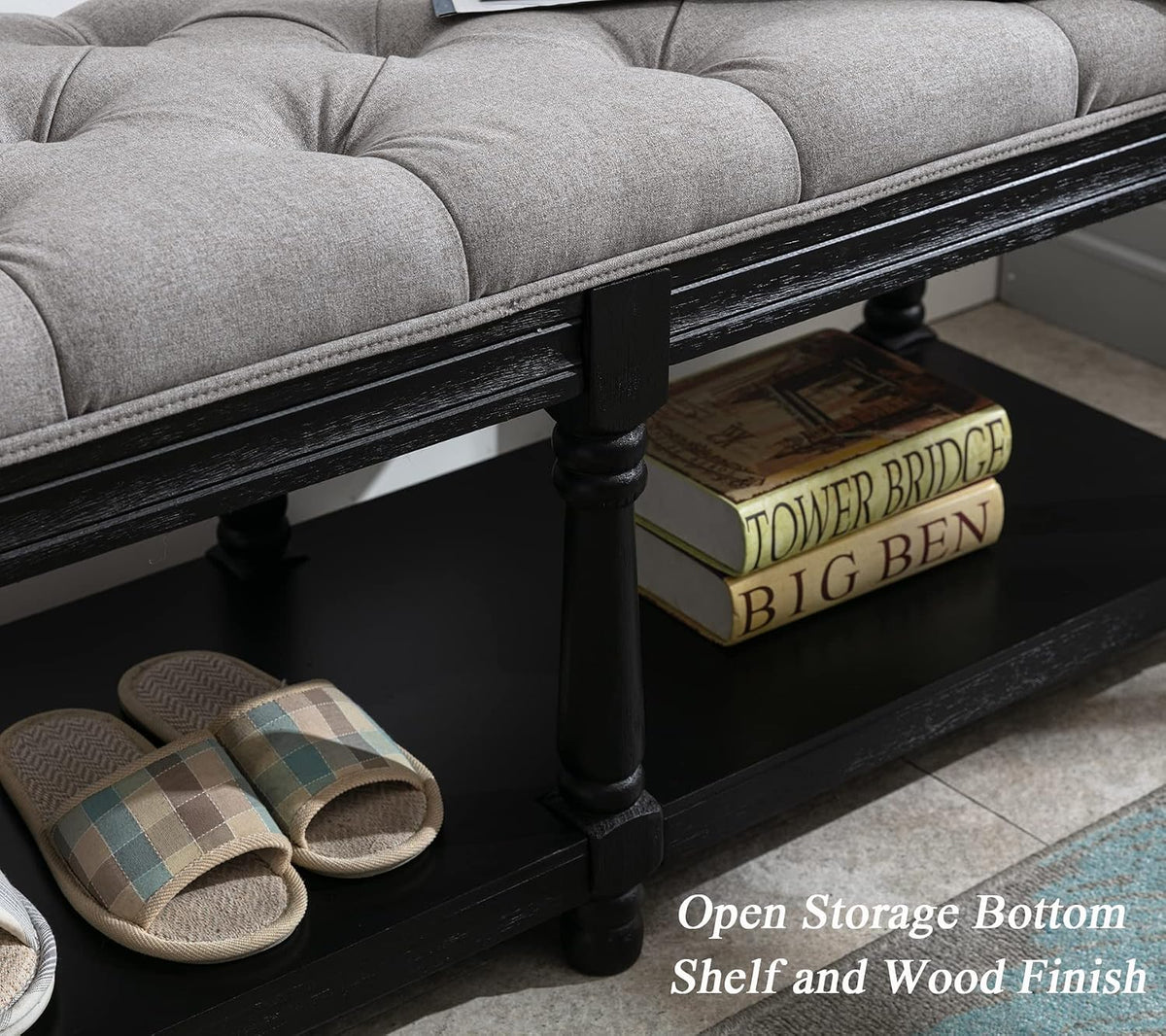 DUOMAY Mid-Century Tufted Storage Bench with Shelf, Linen Upholstered Farmhou...