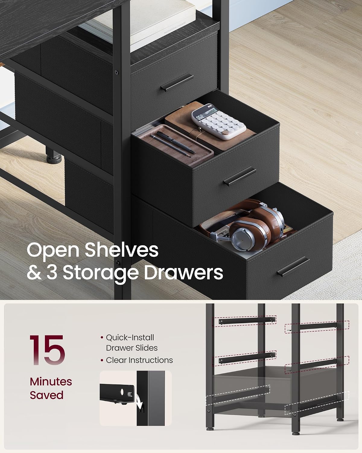 VASAGLE L Shaped Computer Desk with Drawers, Small Gaming Desk with Shelves