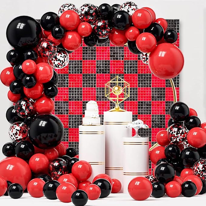12PCS Black Red Shimmer Wall Backdrop, Square Sequin Photo Backdrops Panel, G...