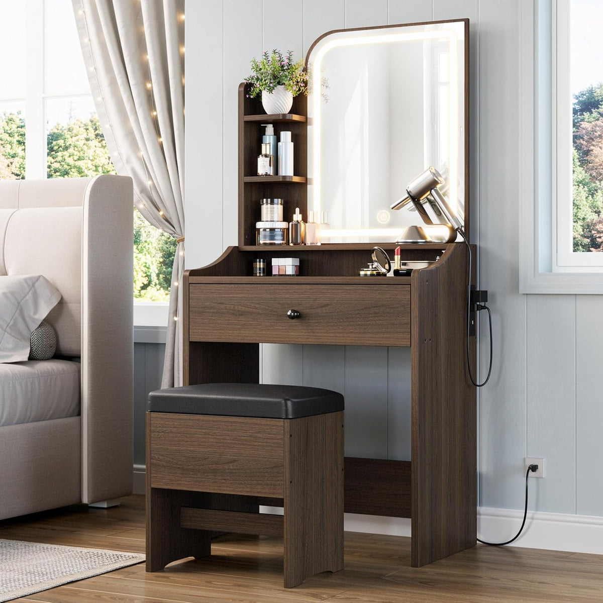 LIKIMIO Small Vanity Desk with Mirror Lights and Storage Stool