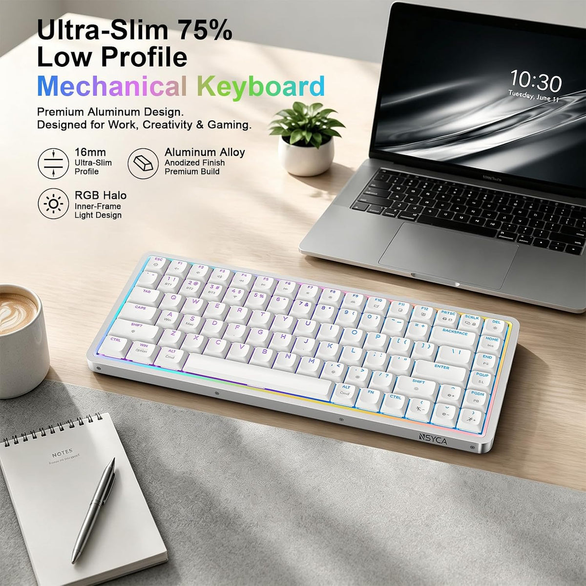 Air75 Low Profile Mechanical Keyboard Wireless, 75% Aluminum Frame, Hot Swapp...