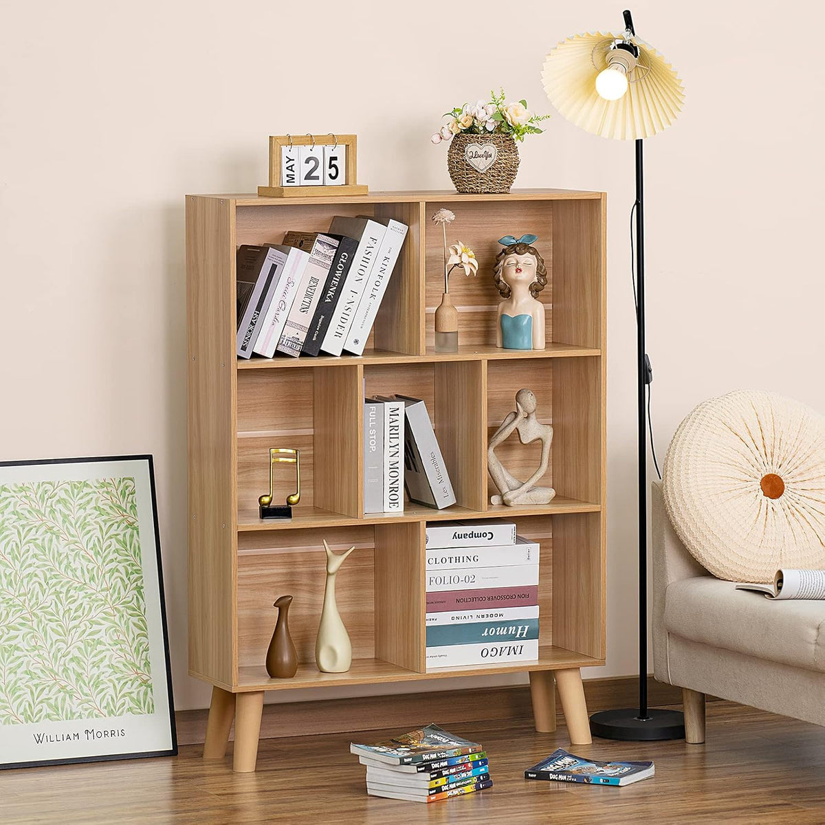 LEYAOYAO Cube Book Shelf, Mid-Century Modern Bookshelf with Legs, Natural