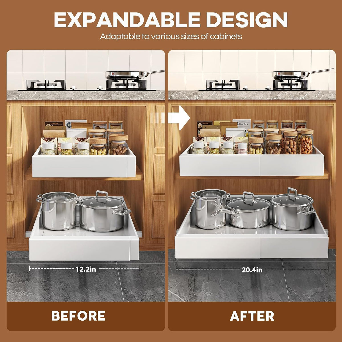 Seinloes 1 Pack Expandable Pull Out Cabinet Organizer 21" Deep with Rais...