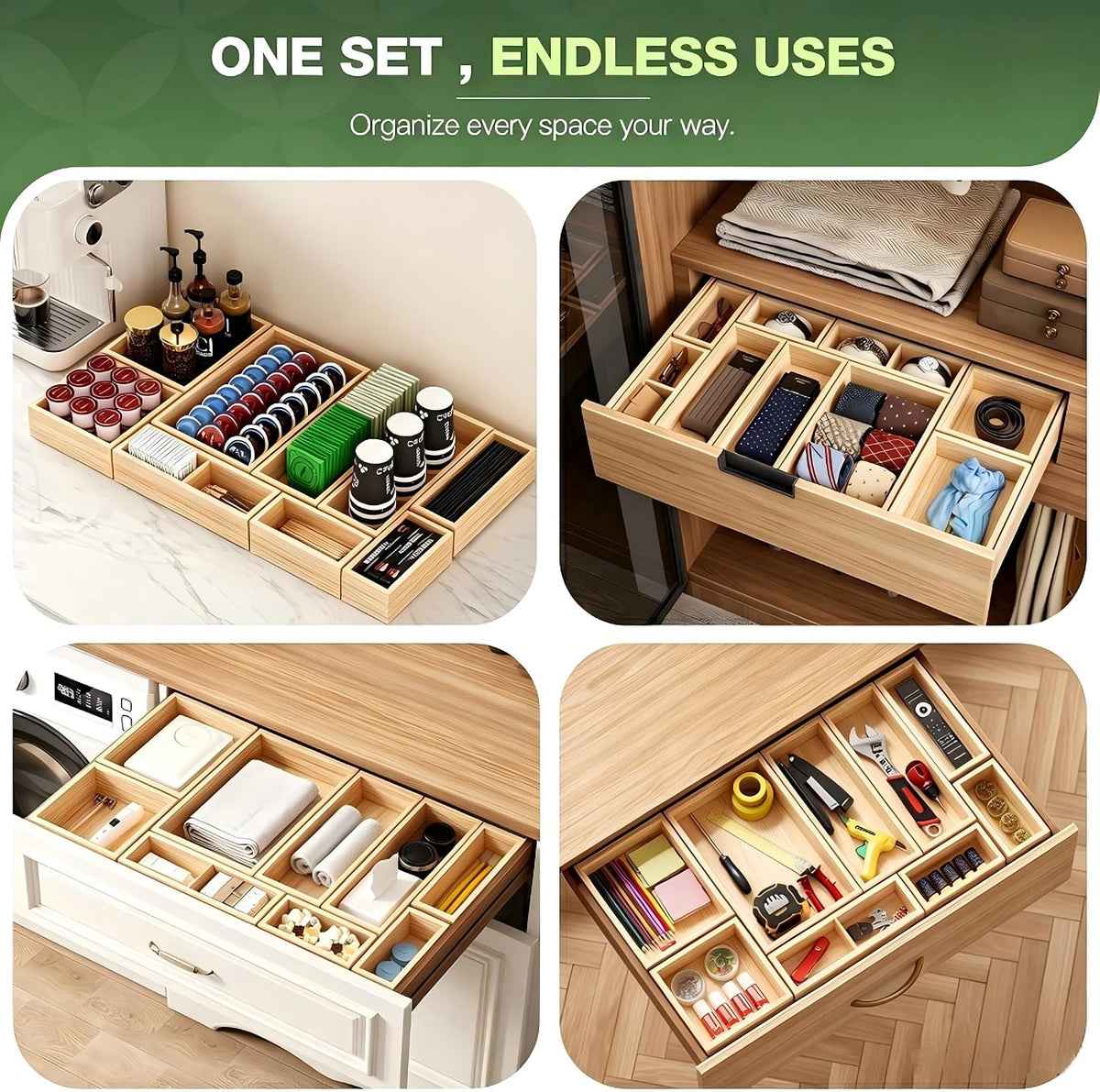9-Pack Solid Wood Junk Drawer Organizer, Modular Desk Drawer Tray & Acces...