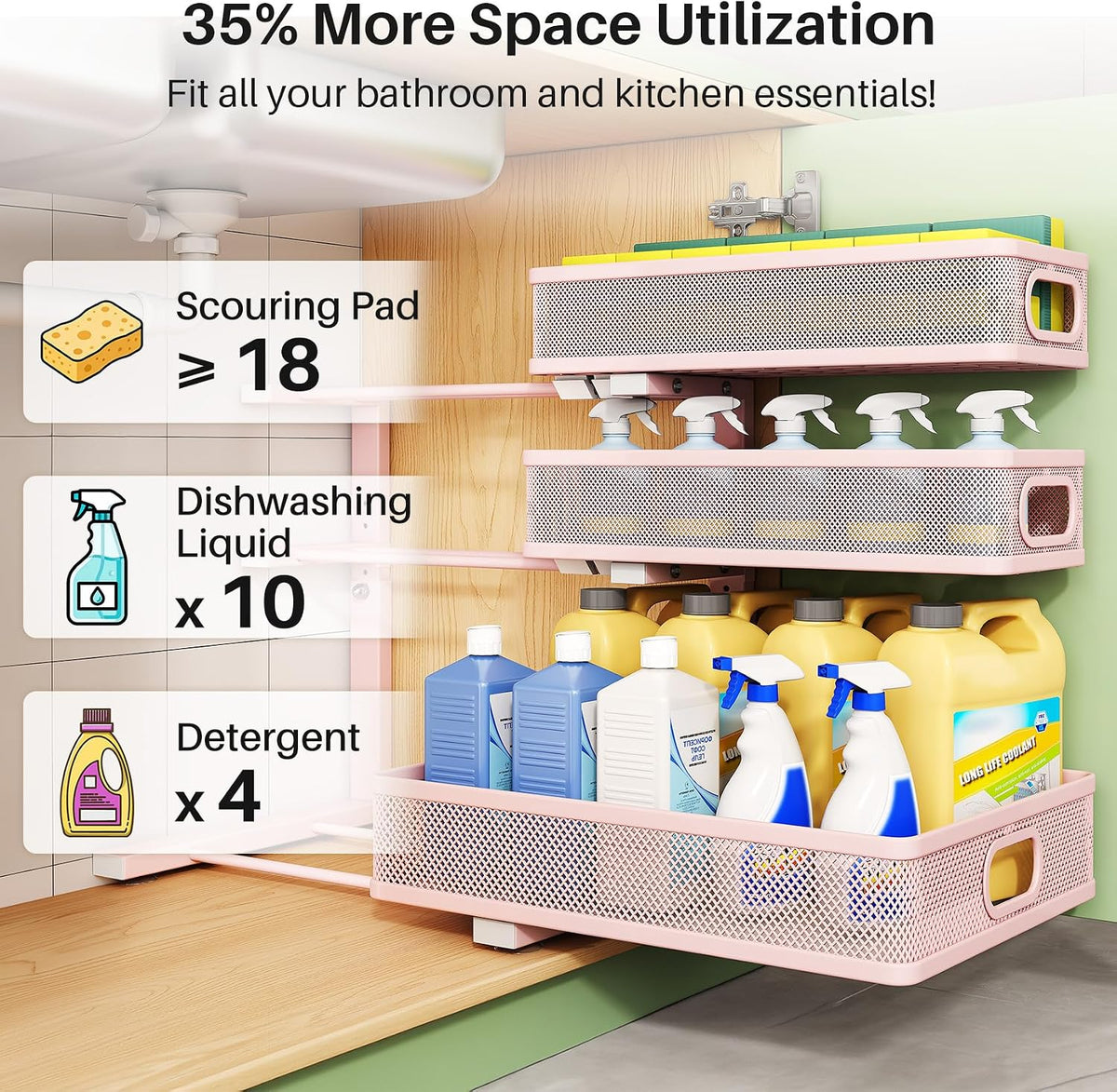 Kitstorack Under Sink Organizer, 2-Pack 3-Tier Height Adjustable Thickened Me...