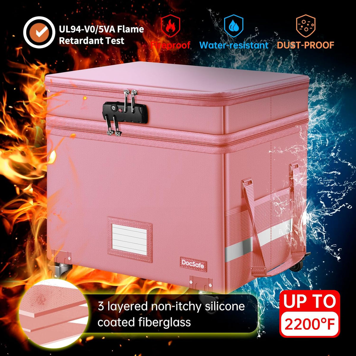 DocSafe File Box with Lock,2-Layer Fireproof Document Box with Wheels,Collaps...