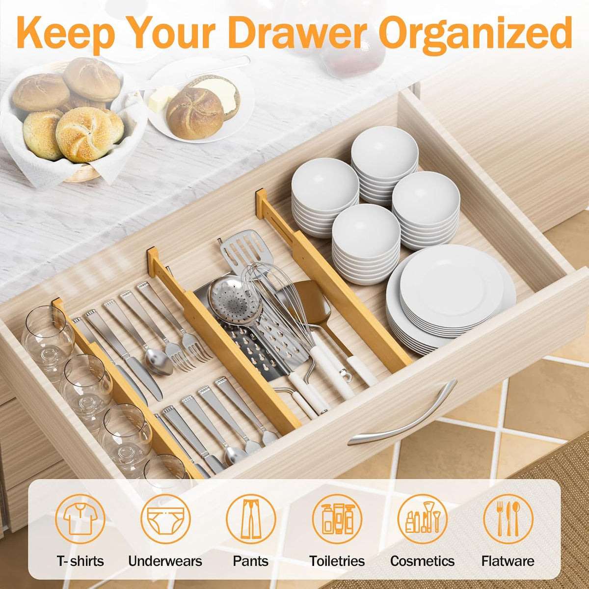 Bamboo Drawer Dividers Organizers, 2.56" High, 17"-21.8" Adjus...