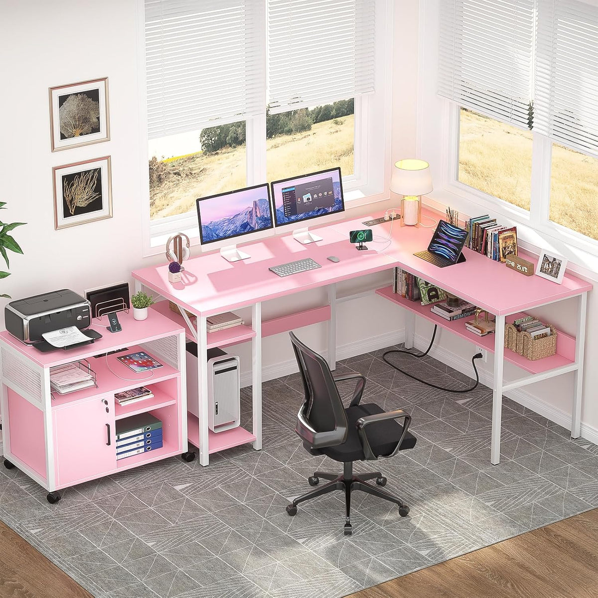 Unikito Reversible L Shaped Desk with Magic Power Outlets and USB Charging Po...