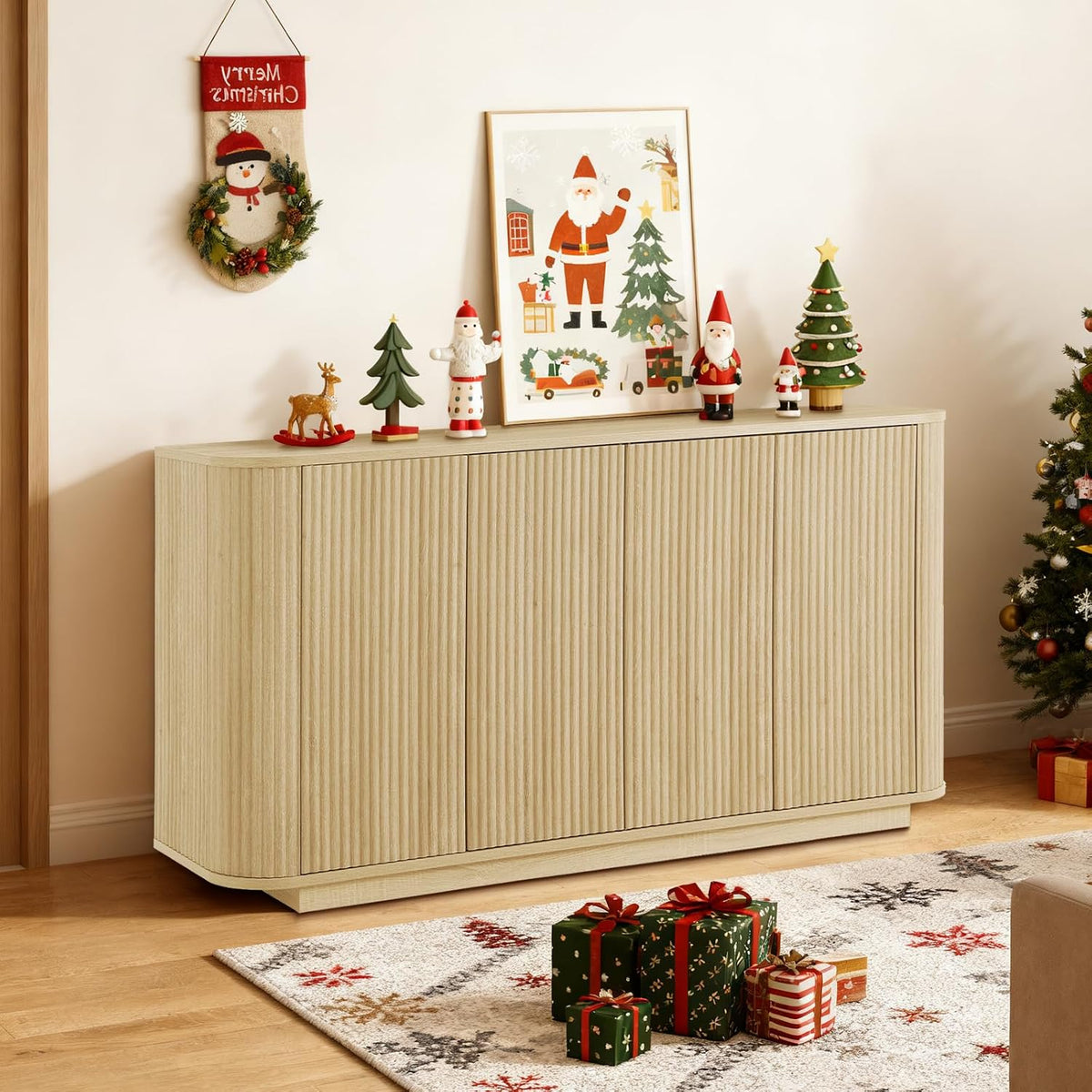 64" Fluted Buffet Cabinet with Storage, Natural Sideboard Cabinet