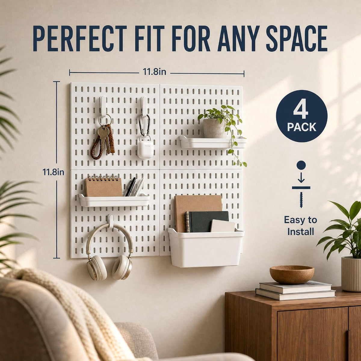 AKTOP Plastic Peg Board Wall Organizer 4-Pack, 12"x12" Pegboard Kit...