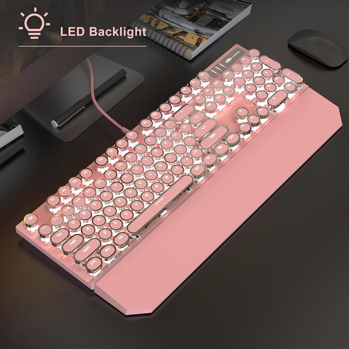 Typewriter Mechanical Gaming Keyboard and Mouse Combo, Retro Punk Round Keyca...