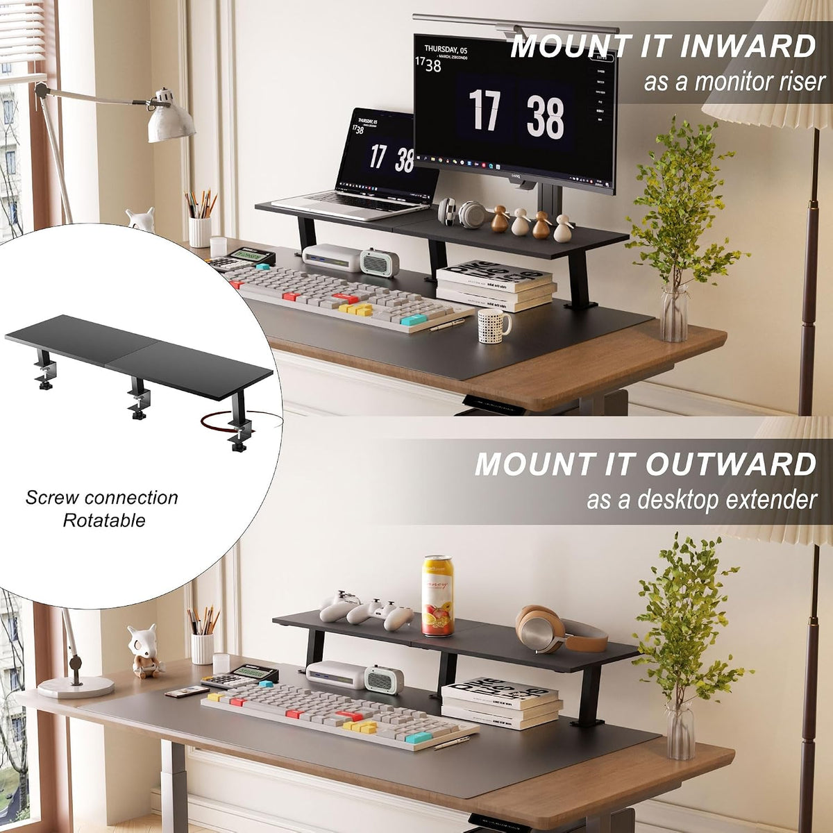 30-Inch Desktop Clamp-on Shelf & Monitor Riser, 2-in-1 Reversible Design ...