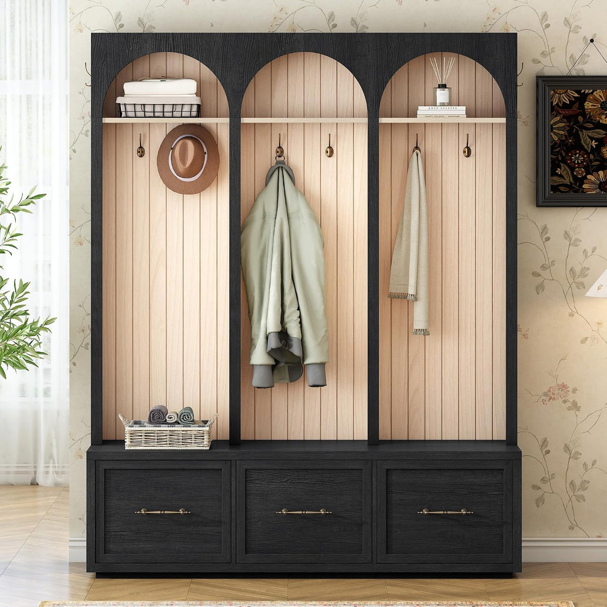 Merax Farmhouse Wood Hall Tree with 8 Hooks and Storage Shoe Bench, Arched Mu...