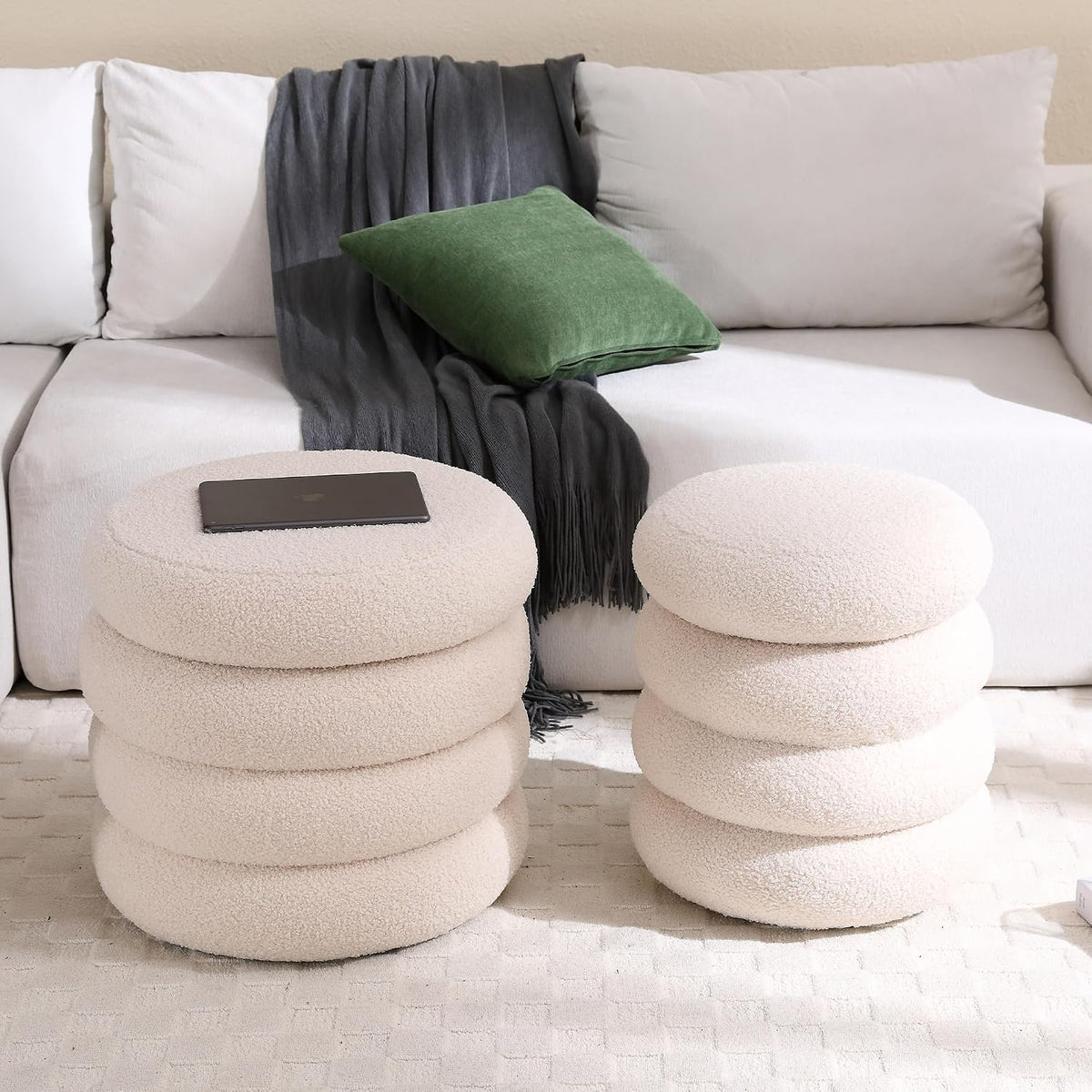 Boucle Ottoman with Storage, Small Round Footrest Stool for Living Room Bedro...