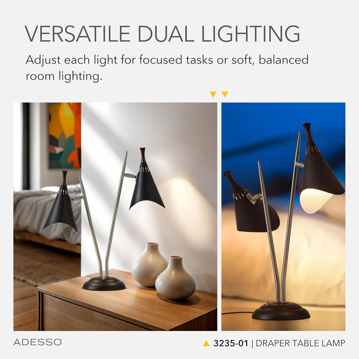 Adesso 2-Light Desk Lamp, Brushed Steel & Black, Adjustable Arms, 22”