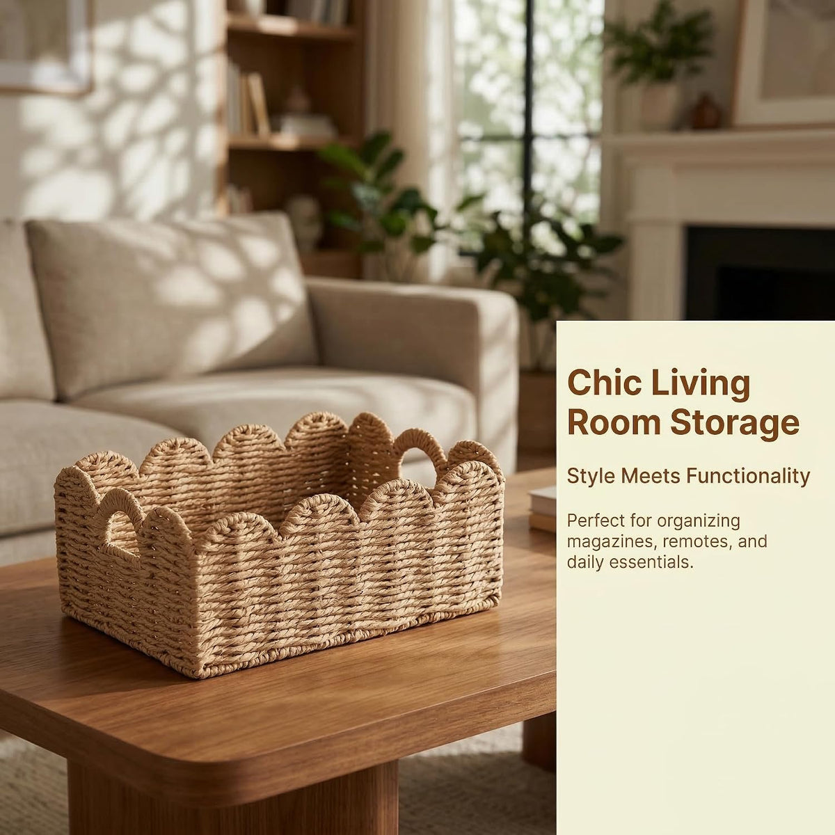 Scalloped Wicker Baskets Set of 3, Hand-Woven Storage with Handles