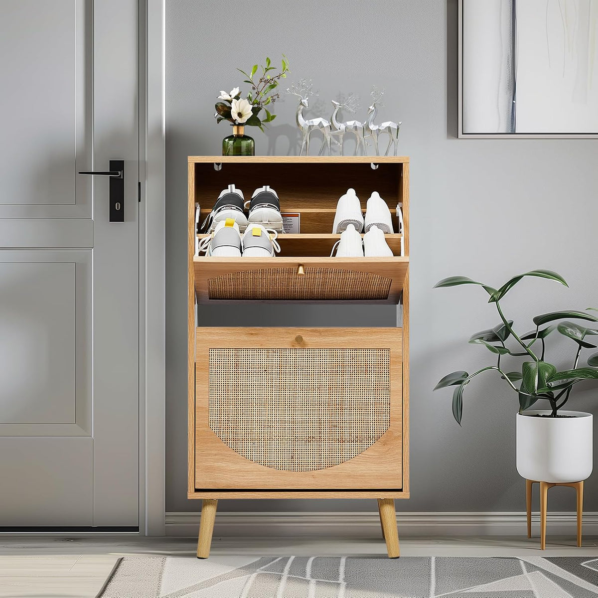 Karl home Natural Rattan Shoe Cabinet, 2 Flip Drawer Entryway Organizer