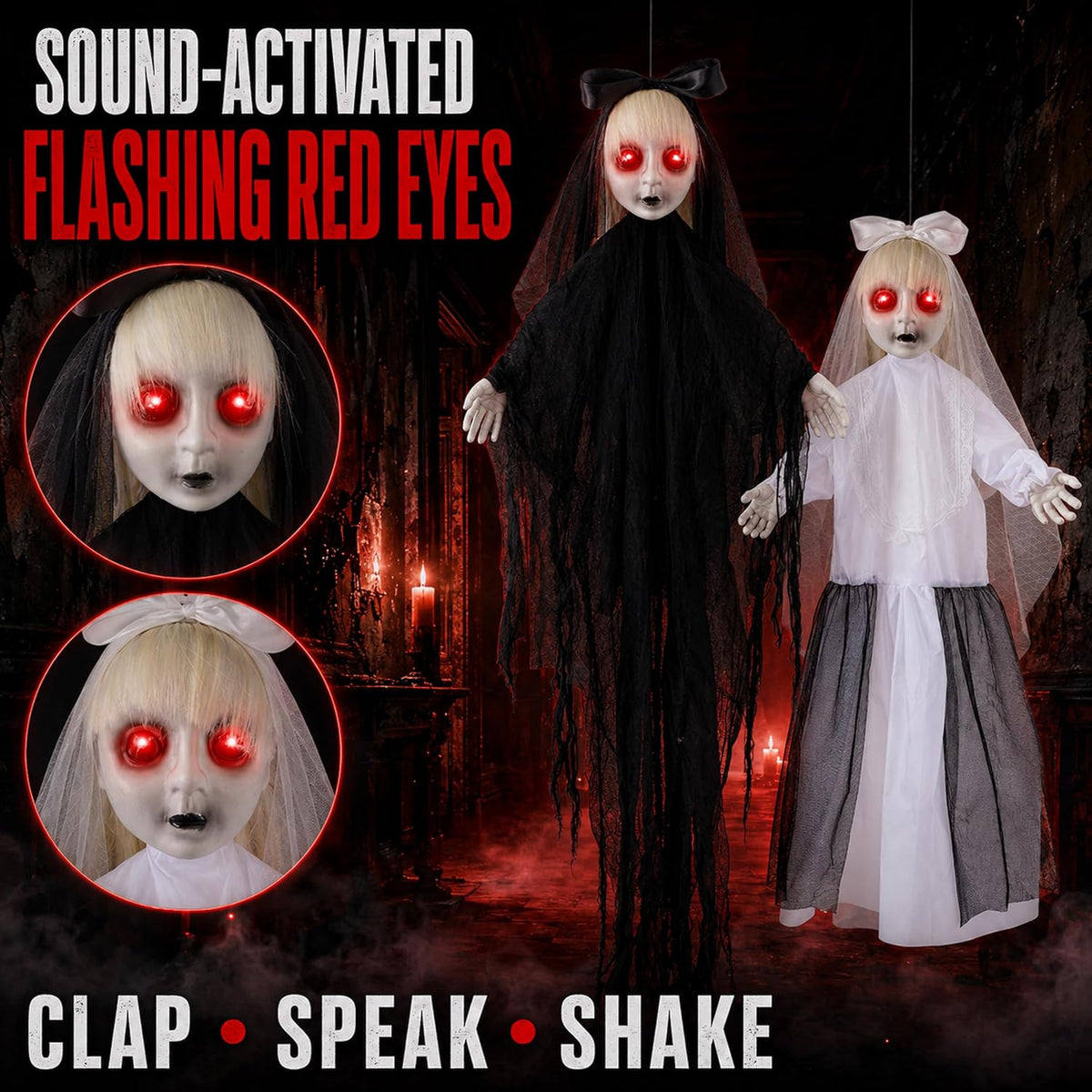 2 PCS Hanging Halloween Decorations Twin Sisters with LED Eyes & Sound