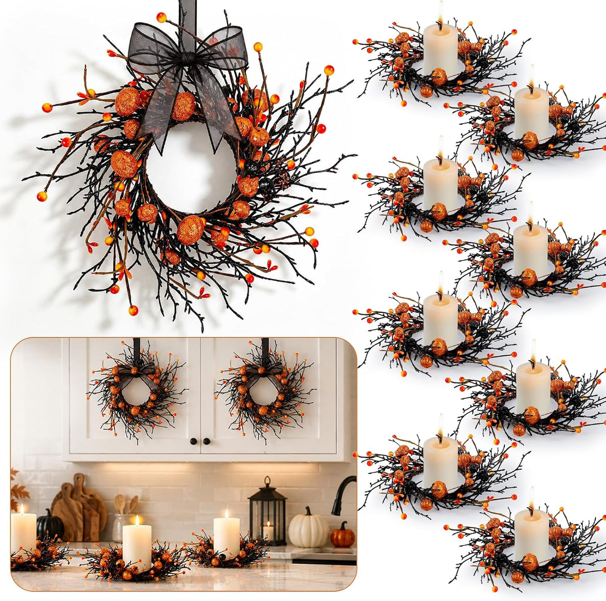 8 PCS Mini Halloween Candle Rings Berry Pumpkin Wreath for Kitchen Cabinet