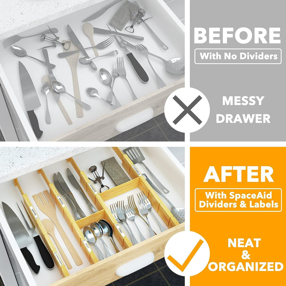 SpaceAid Bamboo Drawer Dividers with Labels, 6 Dividers with 12 Inserts (17-2...