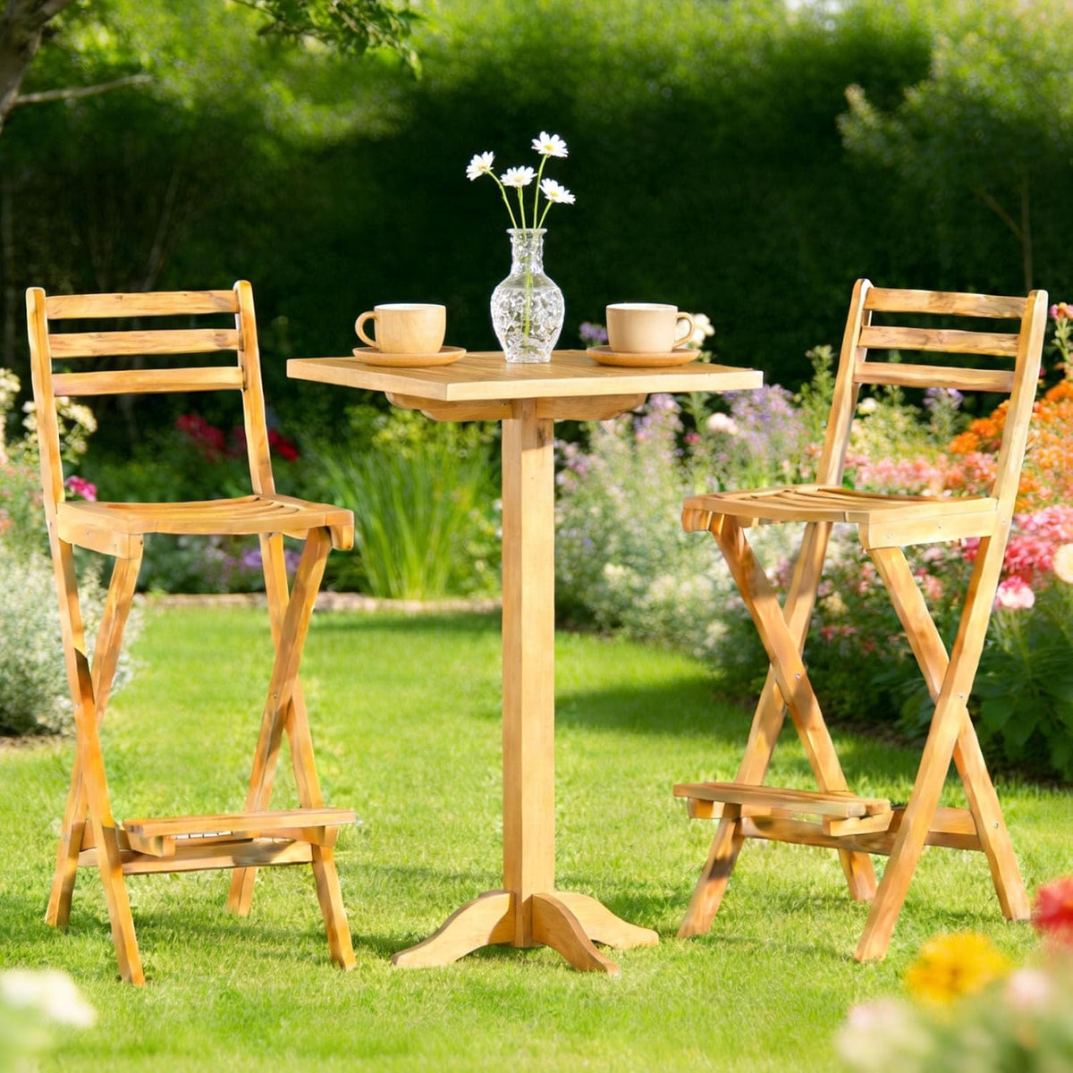 COSTWAY Outdoor Acacia Wood Folding Bar Stool with Slatted Backrest