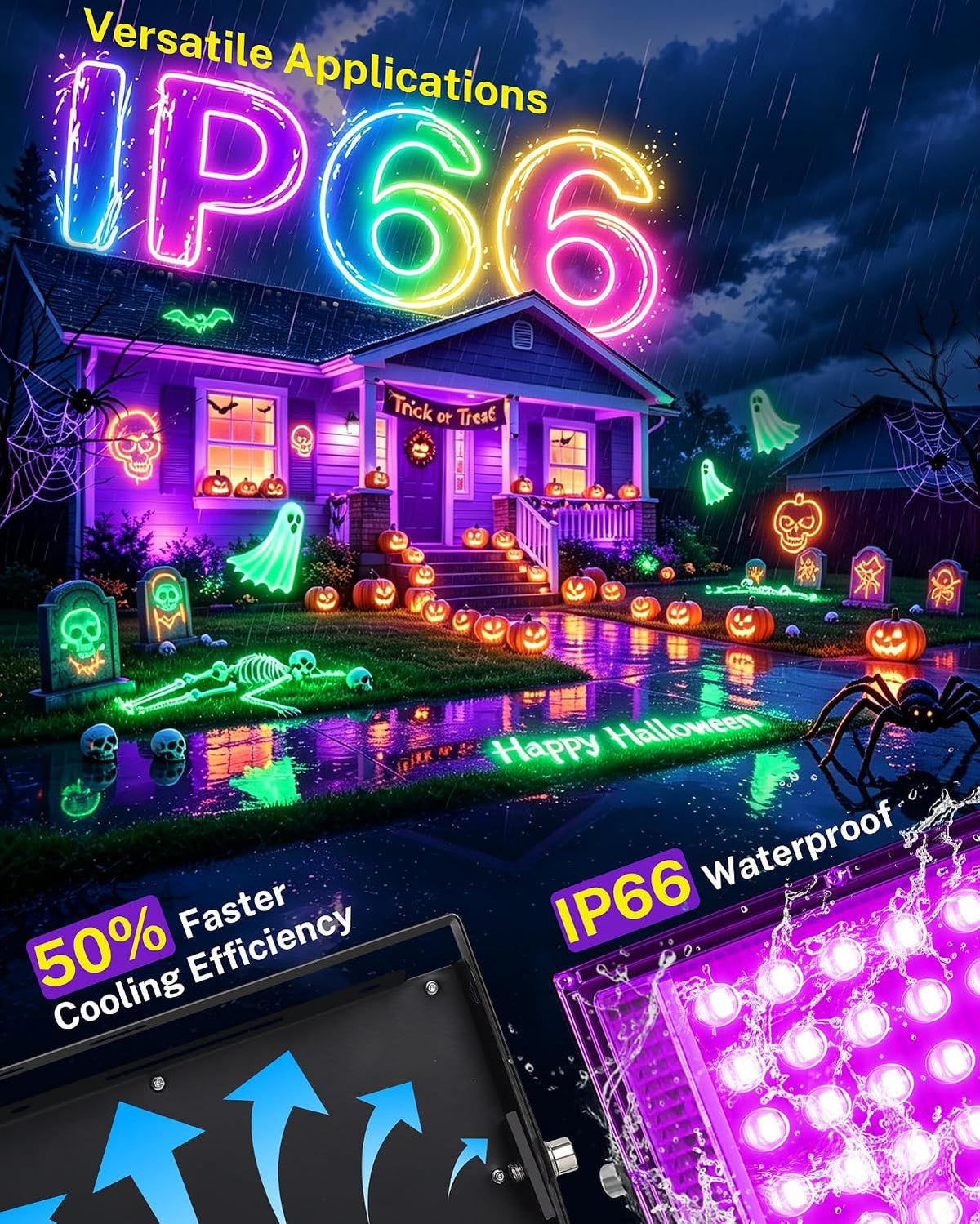 4 Pack 50W Black Light IP66 with Switch+6FT Cord for Halloween Glow Party