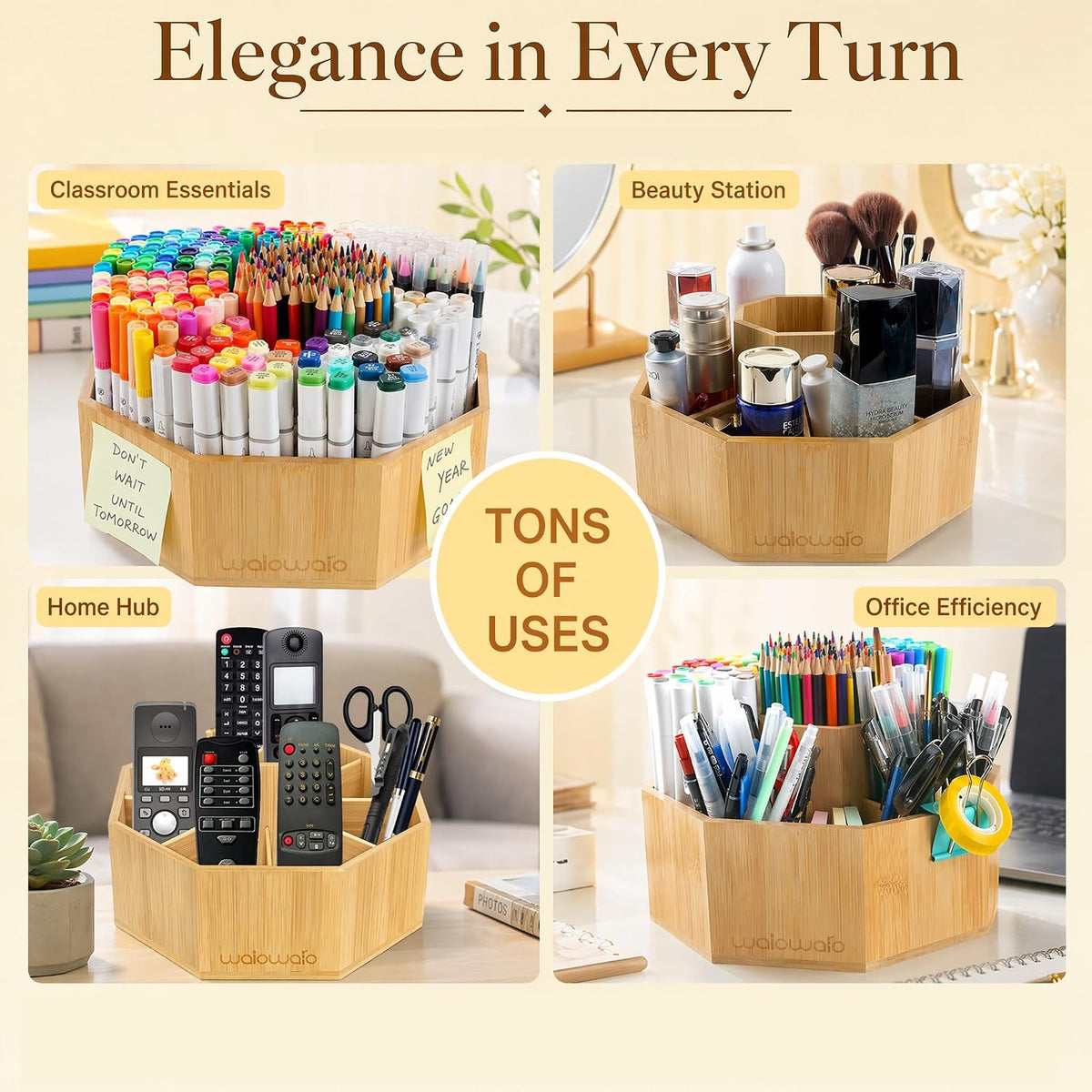 walowalo Bamboo Rotating Art Supply Organizer Caddy Holds 800+ Pencils Spinni...