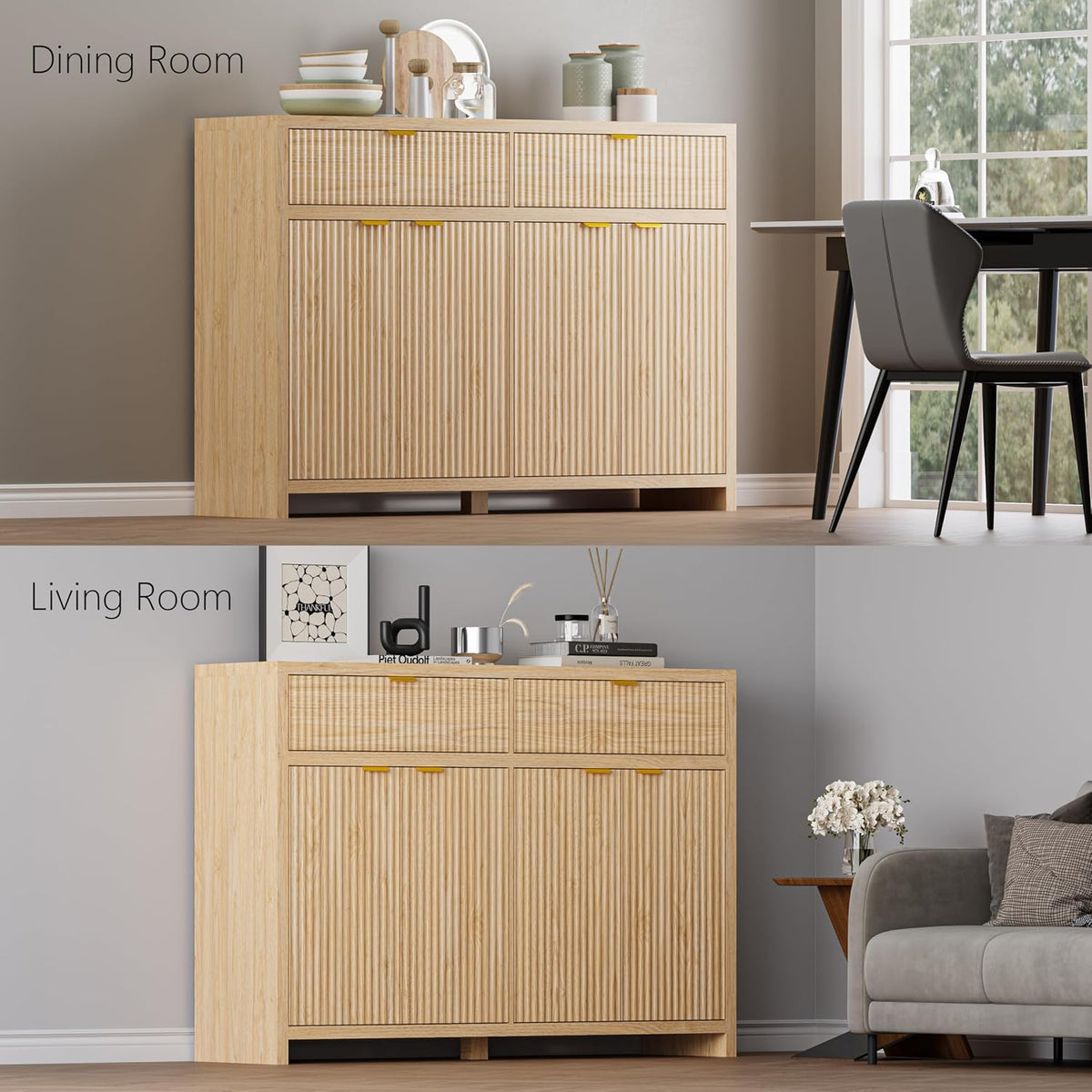 Fluted Sideboard Buffet Cabinet with Storage and Large Drawers, 55" W Cr...