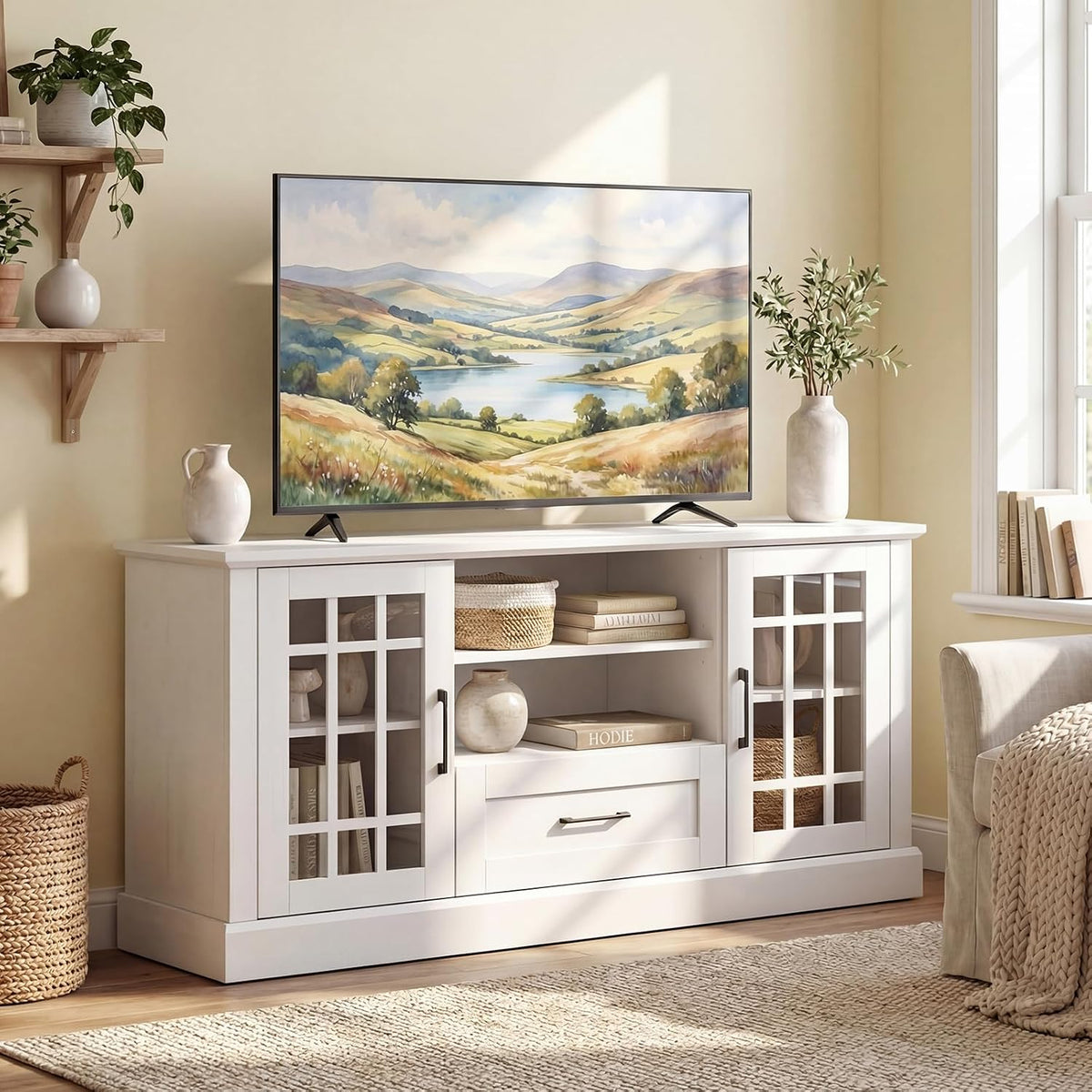 LOKO 62 Inch TV Cabinet, Media Console Table w/ 2 Glass Door Cabinets & D...