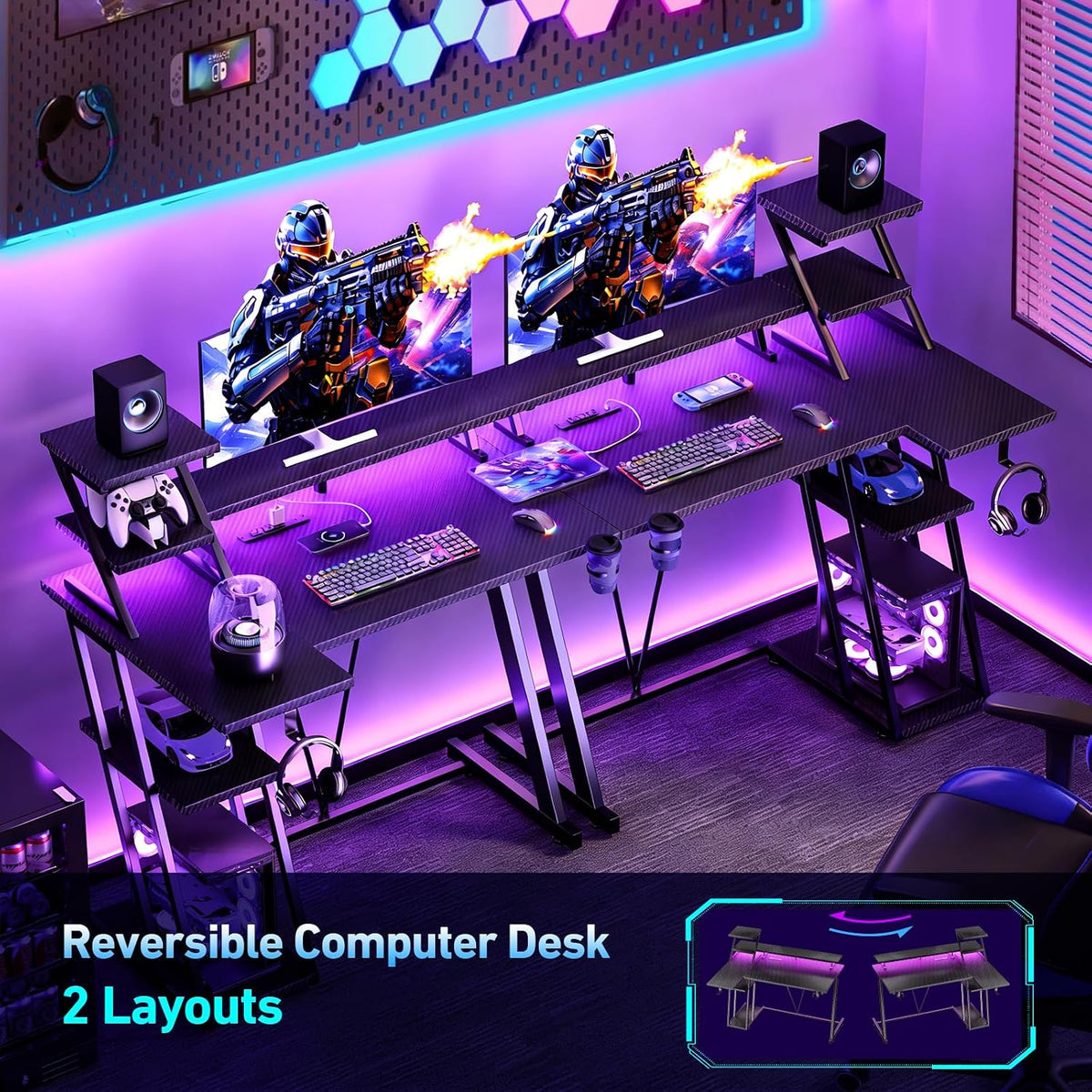 Korfile 40 Inch Gaming Desk with LED & Power Outlet, Carbon Fiber Black