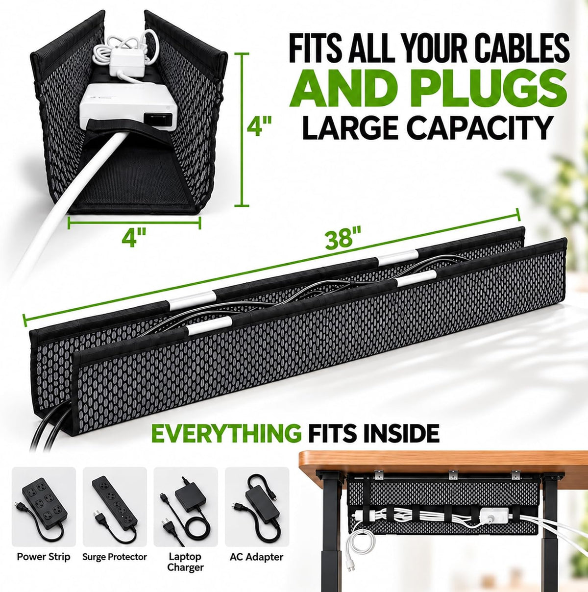 Mesh Cable Management Tray Under Desk Cord Organizer - 38"