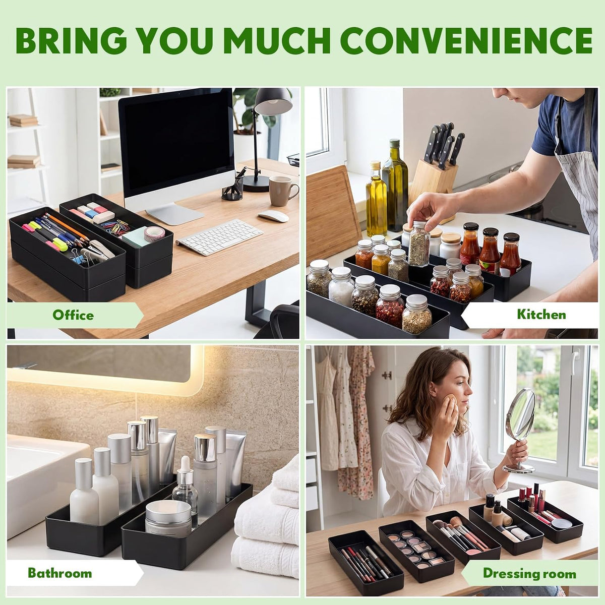 Teling 12 Pcs Black Plastic Desk Drawer Organizer Pen Tray Shallow