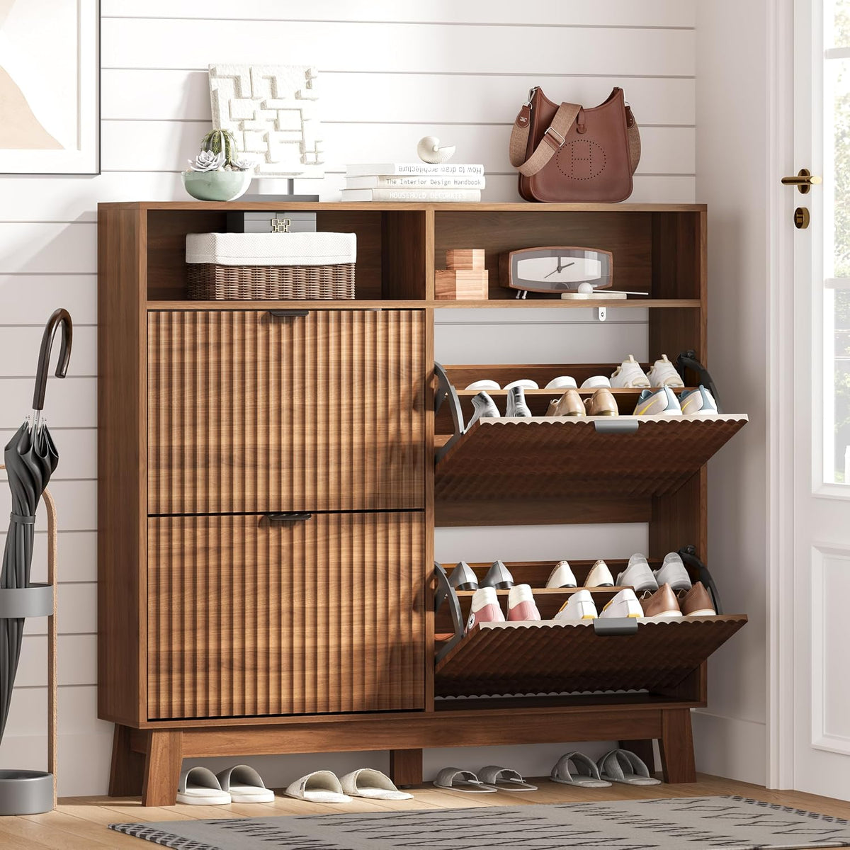 Shoe Cabinet Storage for Entryway with 4 Flip Drawers & Cubby, Walnut
