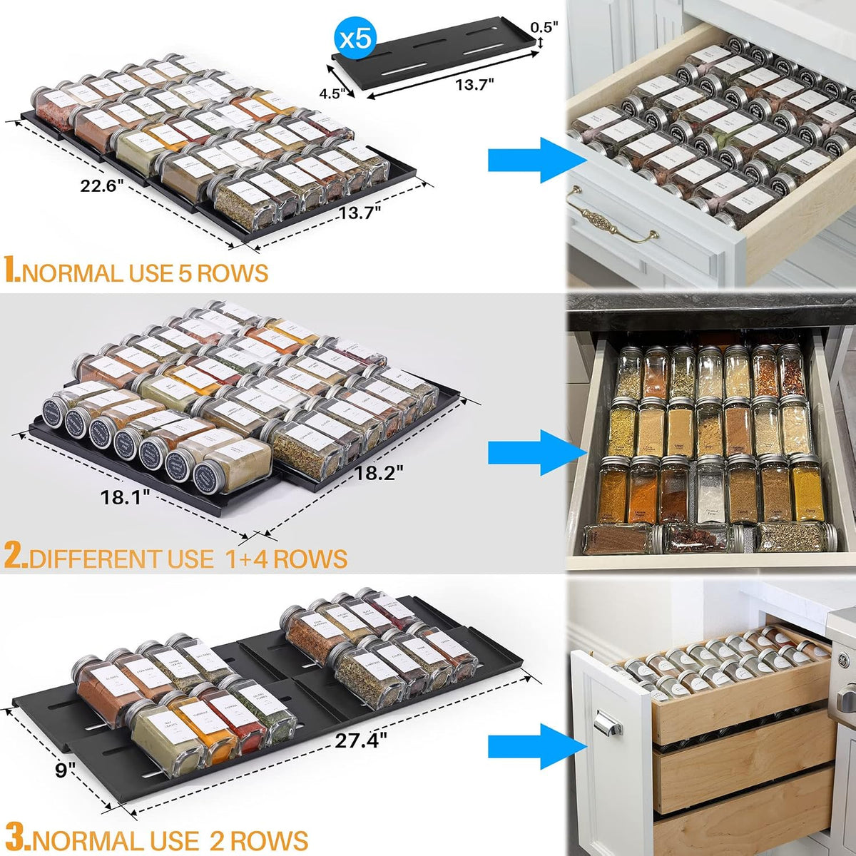 MIUKAA Spice Drawer Organizer with 34 Spice Jars, 378 Spice Labels, 5 Tier - ...