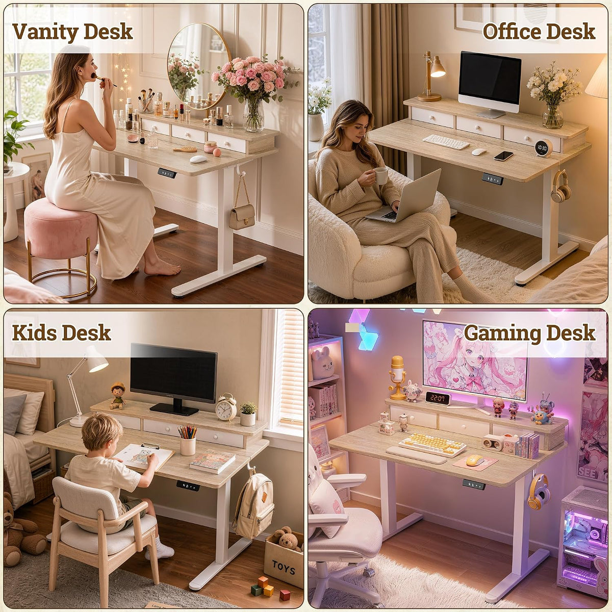TIQLAB Small Standing Desk with 3 Drawers, 40" Computer Desk Girls, Maple