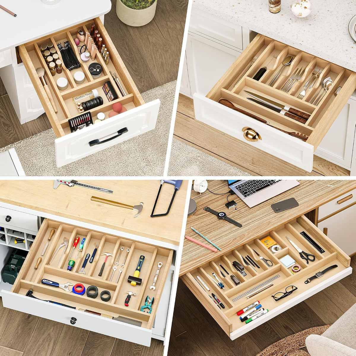 Clikuutory Natural Birch Wood Utensil Drawer Insert Organizer with 7 Compartm...
