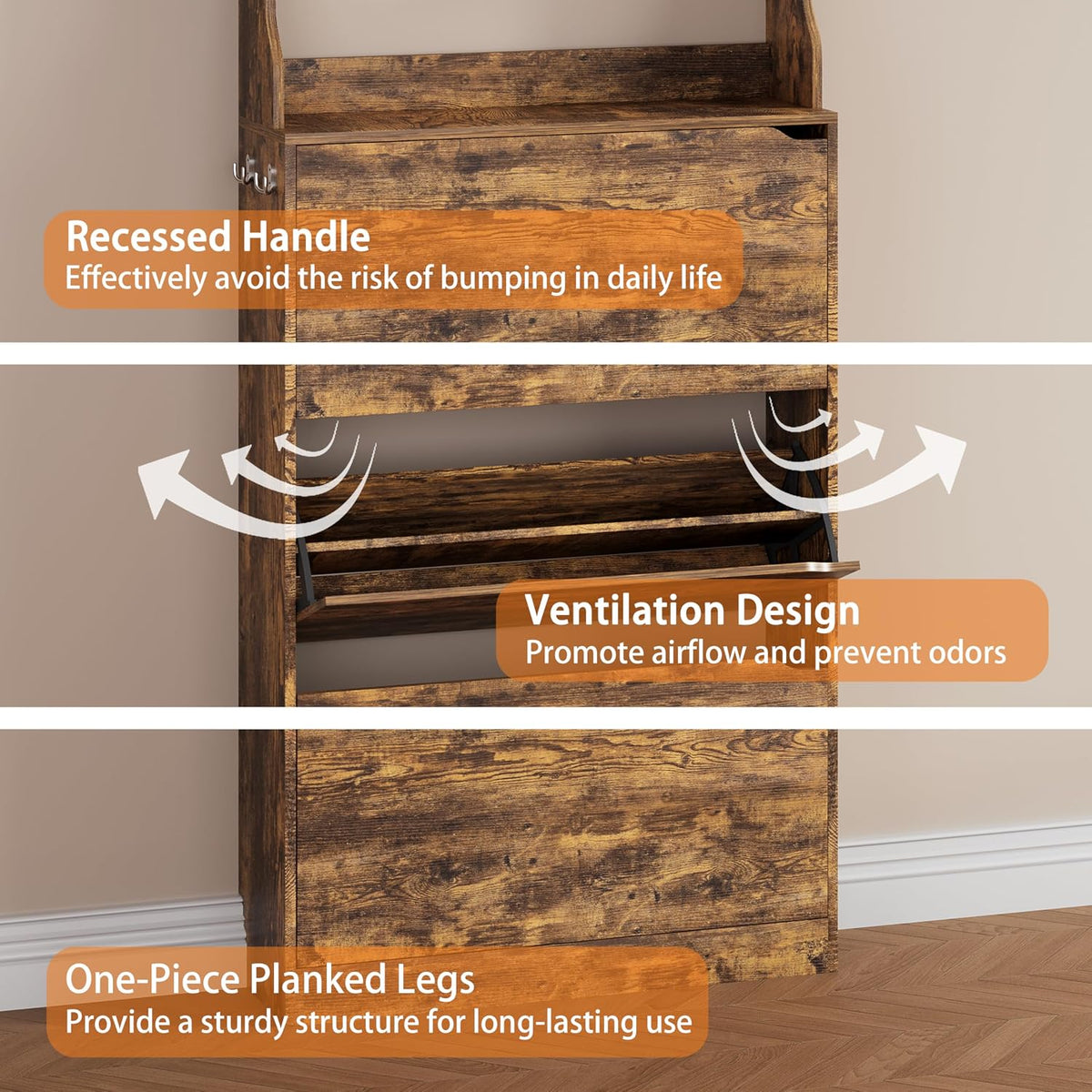 Brown Hidden Shoe Cabinet with 3 Flip Drawers & Coat Rack, Entryway