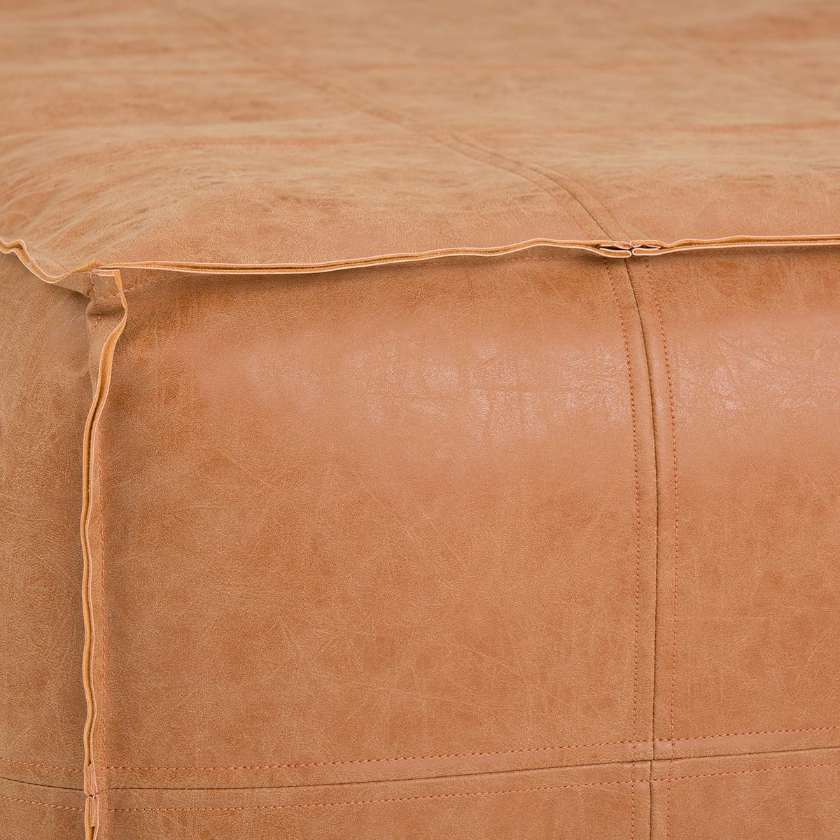 SIMPLIHOME Brody 30" Wide Pouf in Distressed Camel Brown Faux Leather