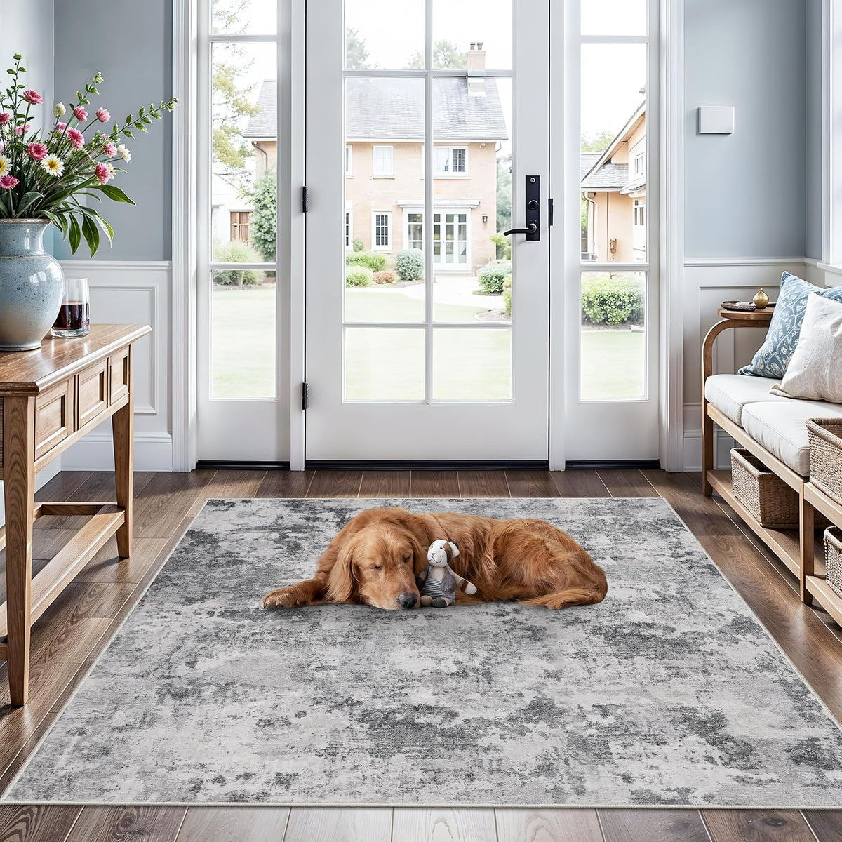 4x4 Rug Square Washable for Entryway: Non Slip Abstract Area Rug Black Grey