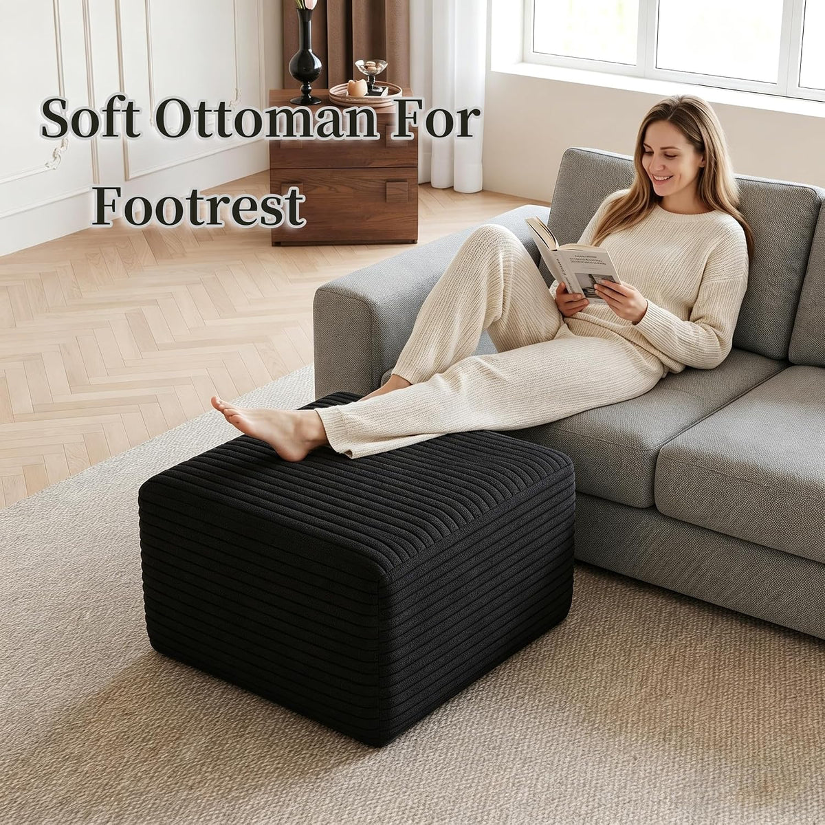 25.6" Boneless Ottoman for Couch, Plush Corduroy Foot Stools Ottomans, C...