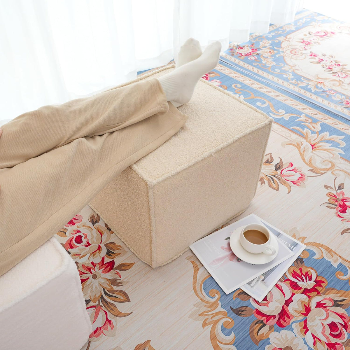 Square Ottoman Foot Rest,Small Pouf for Couch - Boucle Upholstered Foot Stool...