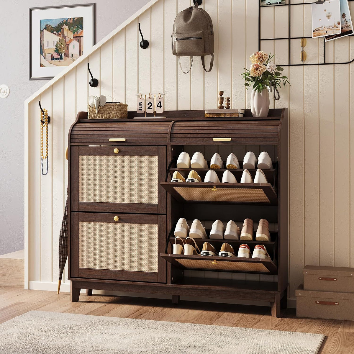 LINSY Shoe Storage Cabinet, Rattan Shoe Cabinet Flip Drawer Shoes Rack Cabine...