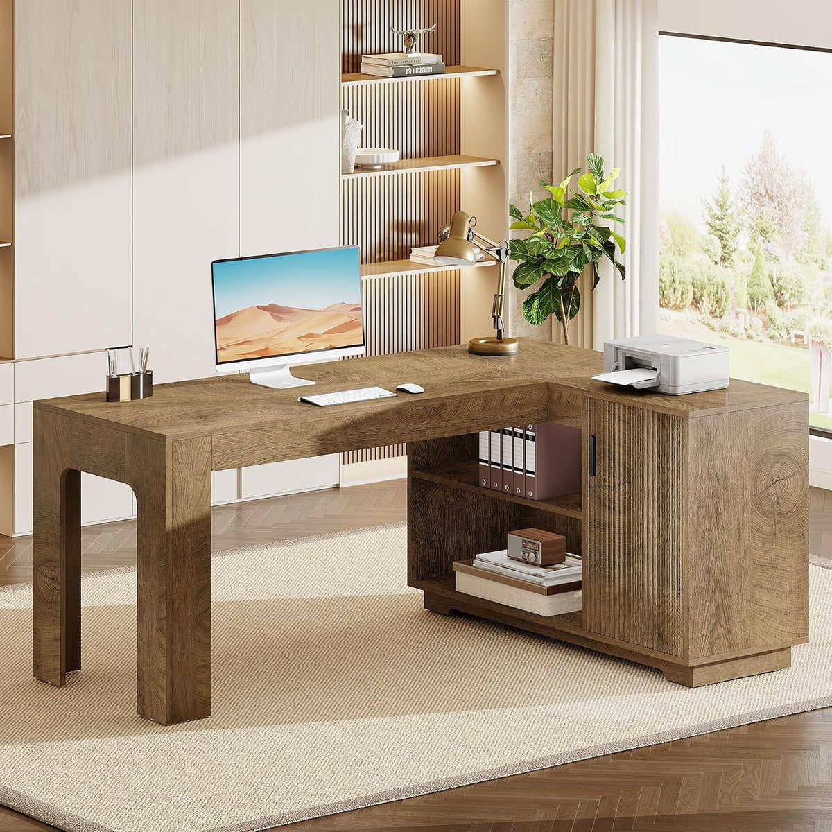 Tribesigns L-Shaped Desk with Storage Cabinet, 59-Inch Farmhouse Corner Compu...