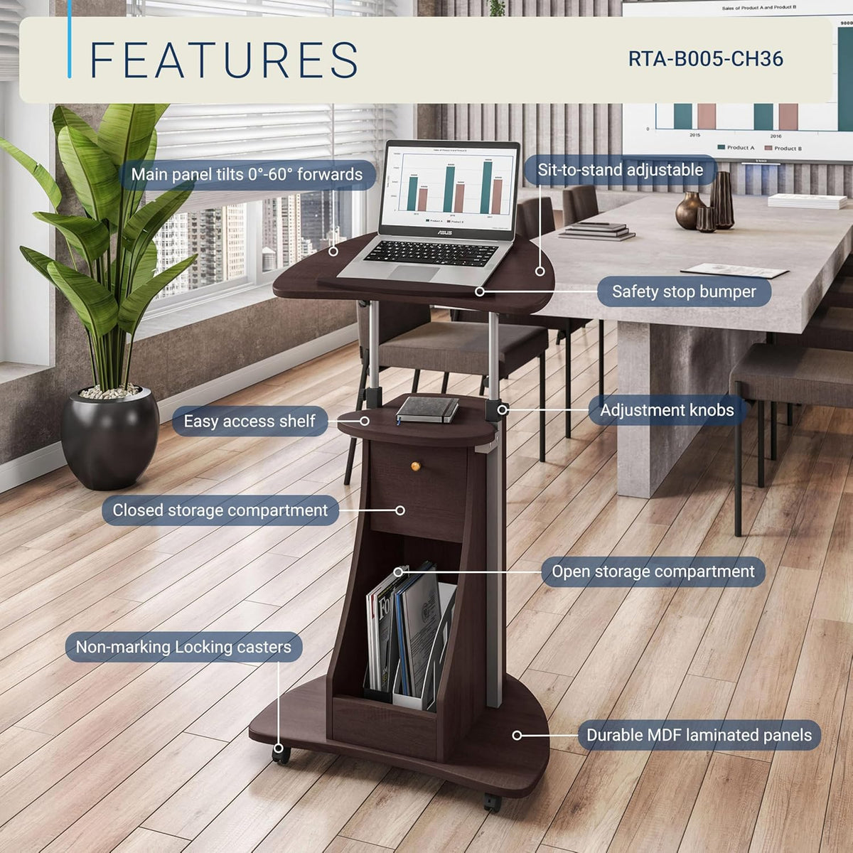 Techni Mobili Sit-to-Stand Rolling Adjustable Storage Medical Laptop Computer...