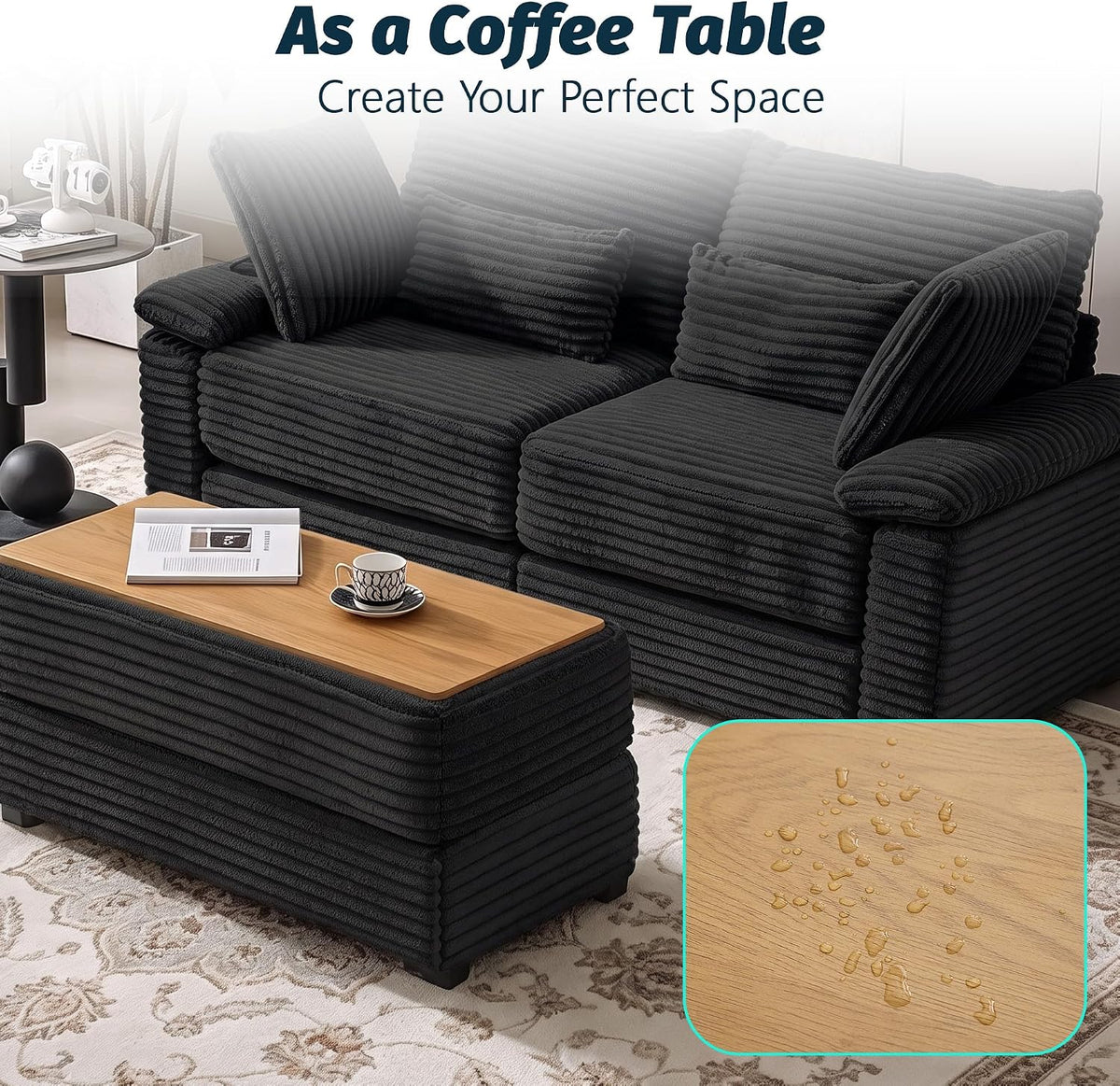 75" Corduroy Loveseat Sofa with 2 Storage Ottoman, USB Charging, Black